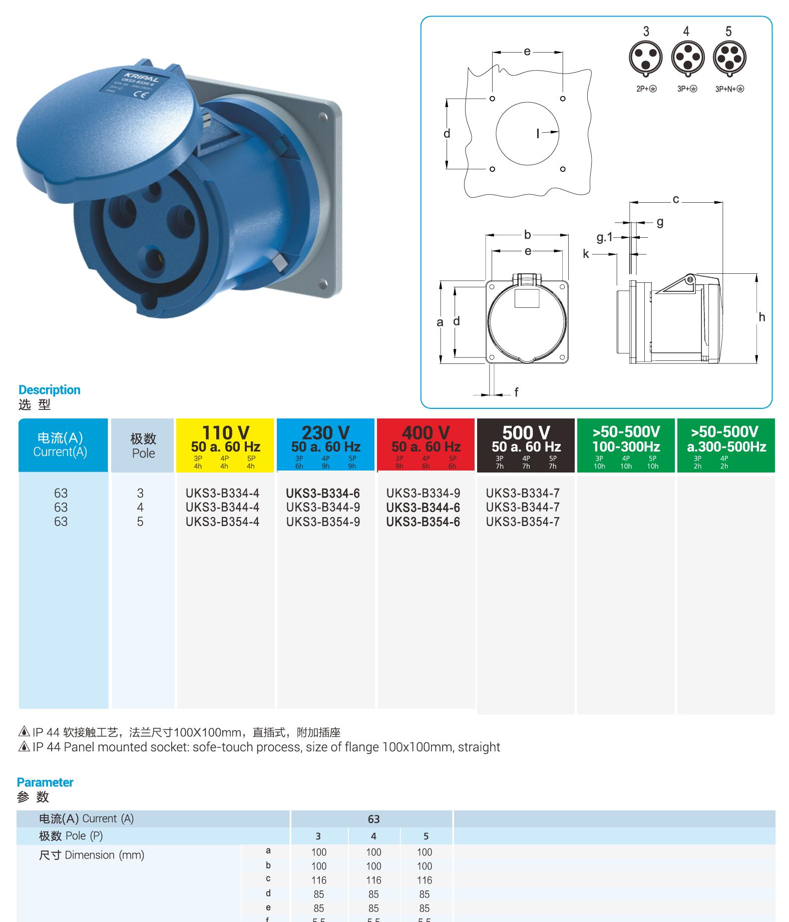 UKS3-B IP44 Panel Mount Industrial Power Socket 3P/4P/5P 63A CEE Socket
