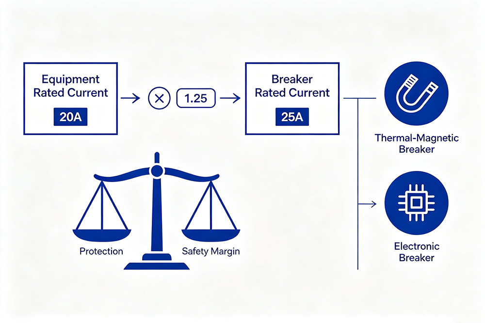 How does the 125% rule affect circuit breaker selection