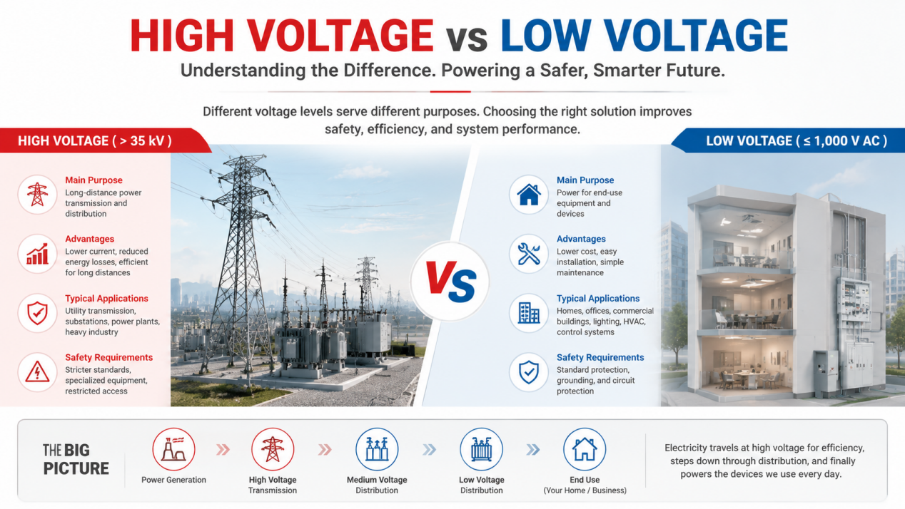High Voltage vs Low Voltage comparison chart showing key differences in voltage levels, applications, and safety standards for industrial and residential electrical systems