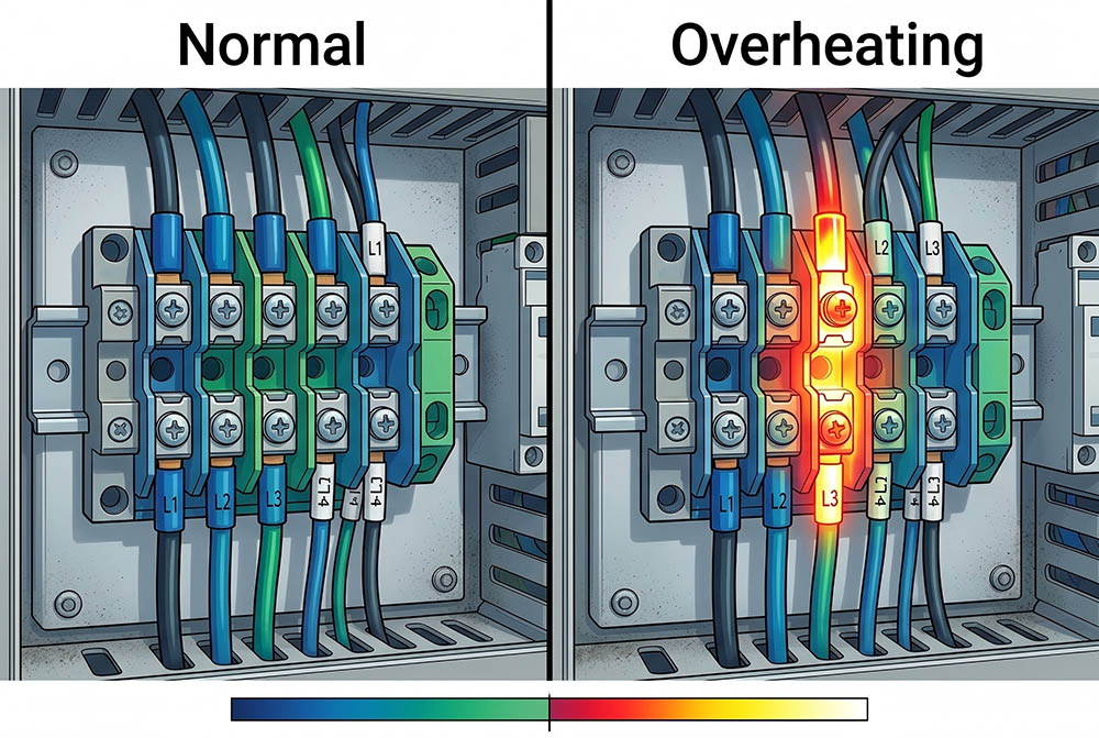 Infrared thermography comparison showing normal vs overheating electrical terminal block in control cabinet
